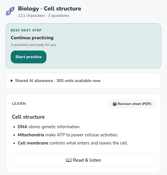 A real Focus notebook with biology notes, a revision sheet and a Start practice button