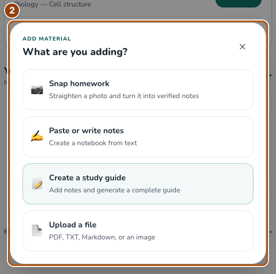 The Add material choices: scan, notes, study guide and file upload.