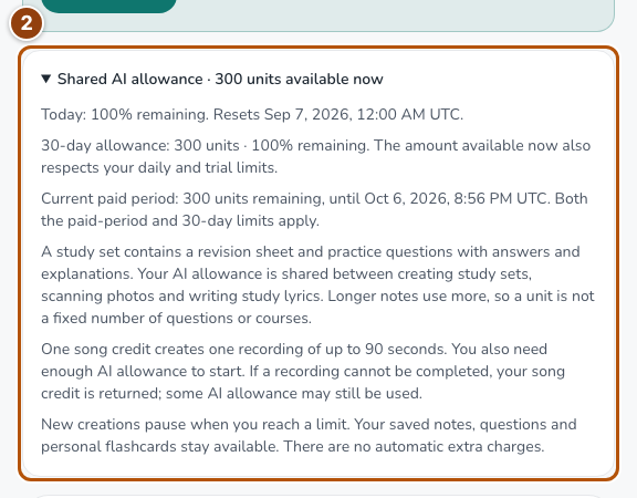 AI capacity notice with remaining allowance and reset information.
