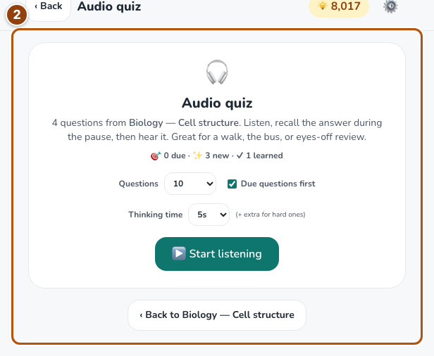 Audio quiz playback and recall instructions.