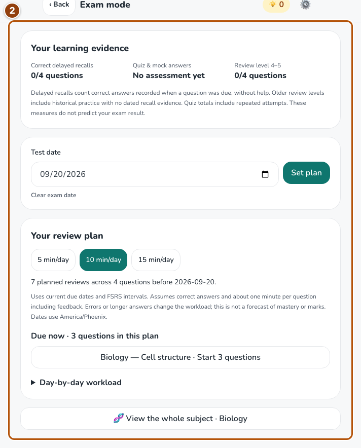 Exam date and daily time budget controls in the planner.