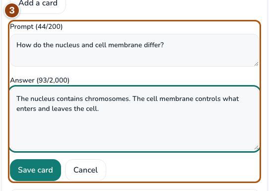 The personal flashcard form with Prompt, Answer and Save card marked.