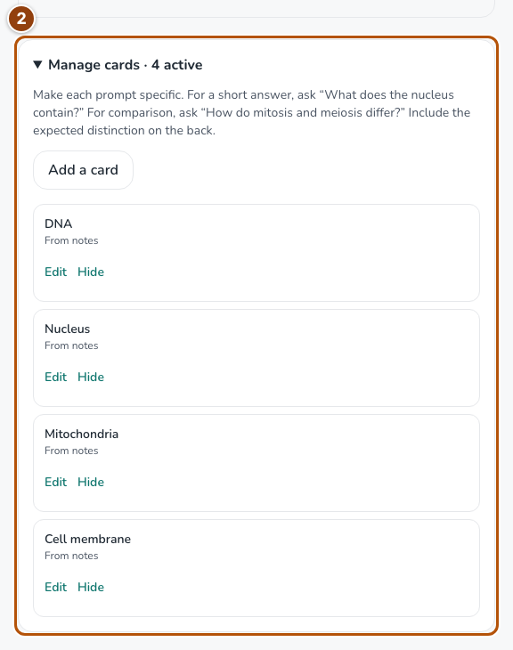 Manage cards expanded with Add a card and existing card controls.