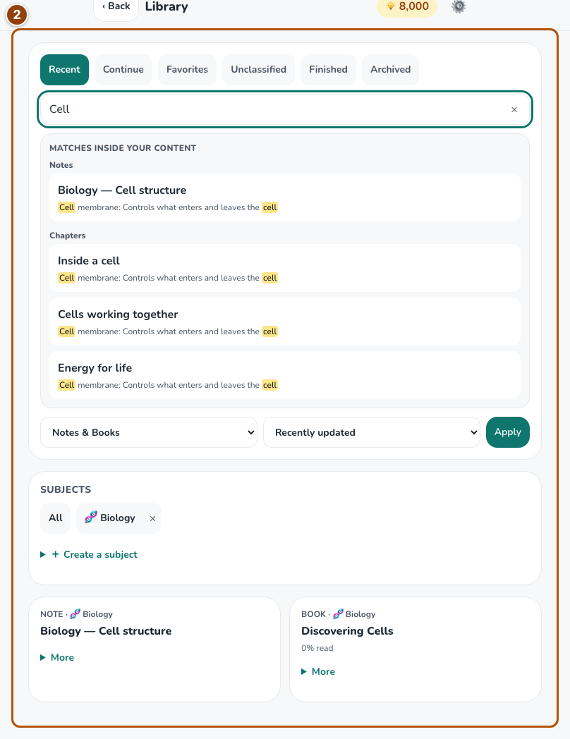 Library search field and matching notebook or book results.