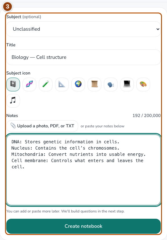 Notebook title, source material and save control marked in the creation form.