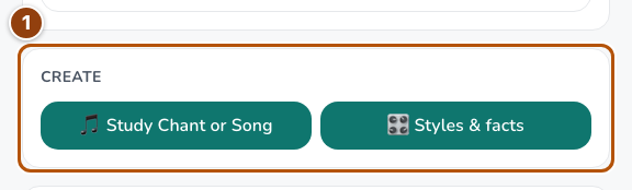 The notebook’s Create section with study-song and memory-chant actions.