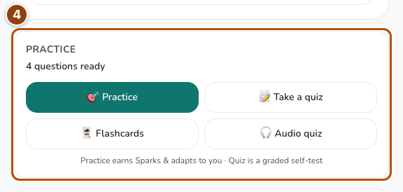 Notebook practice tools and the actions for flashcards, quizzes and audio.