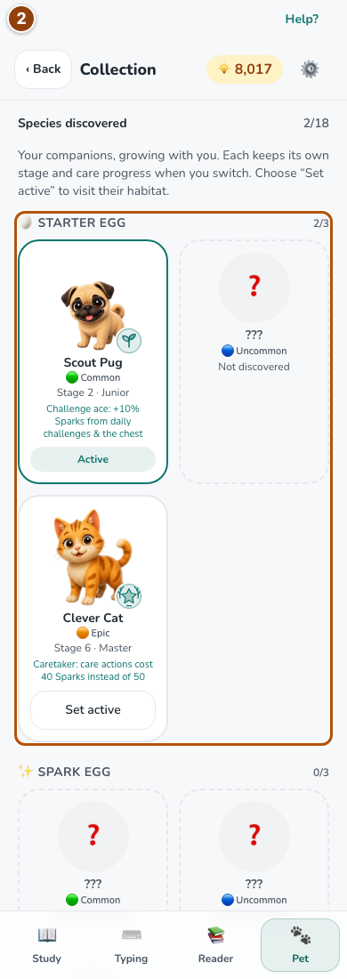 Collection header, distinct-species count and owned companion selection.
