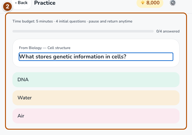 A practice question, answer choices and feedback area.