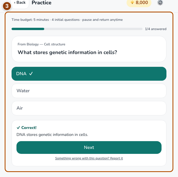 Saved answer feedback with the explanation and next-question control.