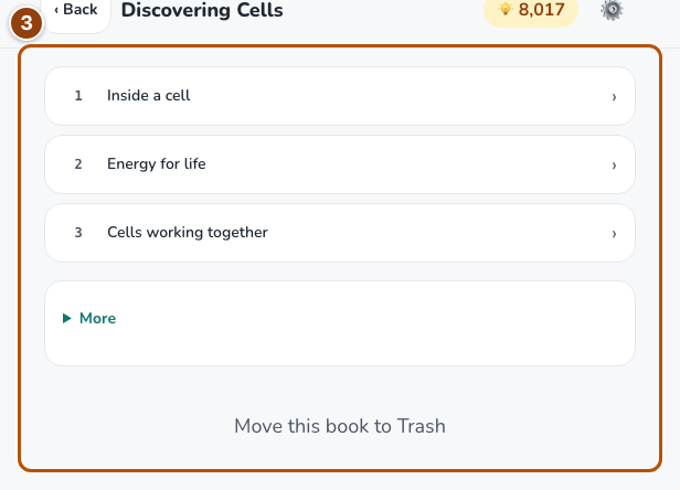 Book contents with three chapter links and the More controls.