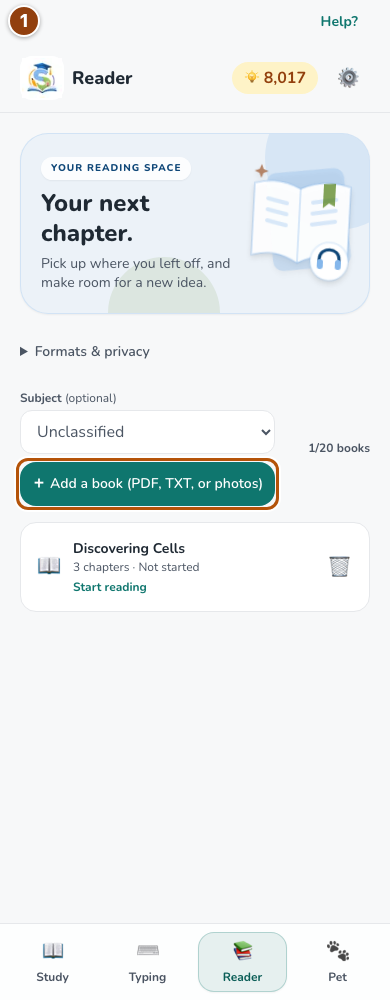 Reader welcome card, Add a book button and the current book quota.