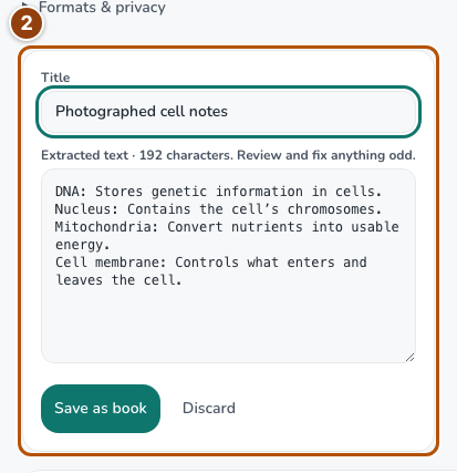 Reader photo import with editable Title and Extracted text and the Save as book button.