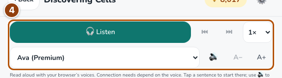 Chapter controls for Listen, listening speed and text size.