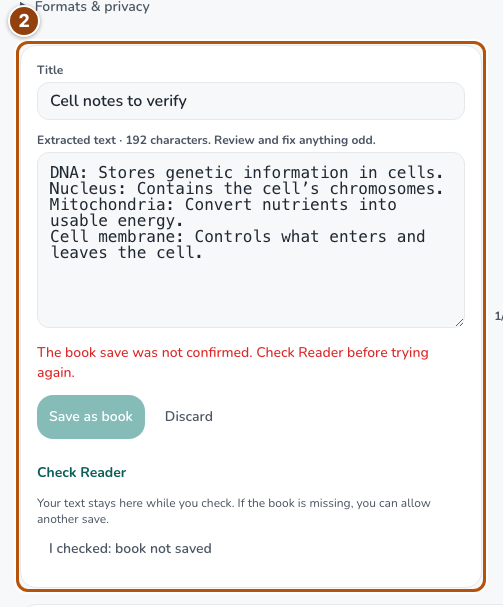 Reader keeping the extracted photo draft after an uncertain save, with Check Reader and the explicit retry control.