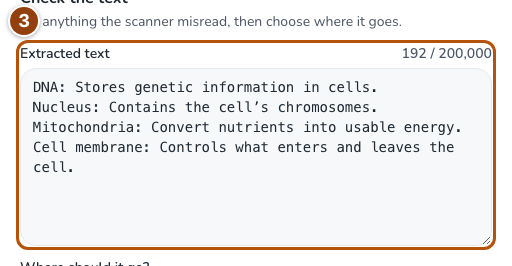 Extracted worksheet text and its review controls.