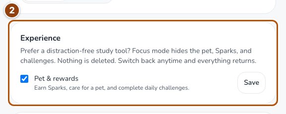 Experience settings with the Pet & rewards toggle and Save button.