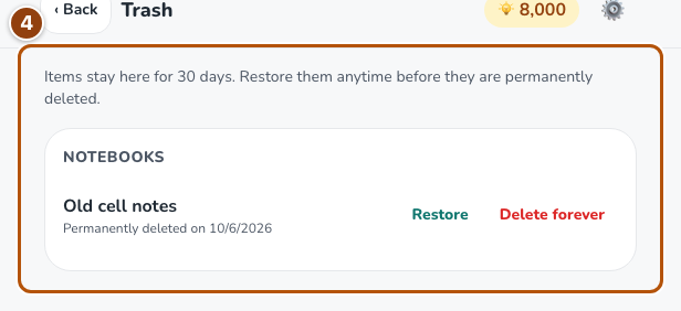 Trash with restore controls for deleted study material.