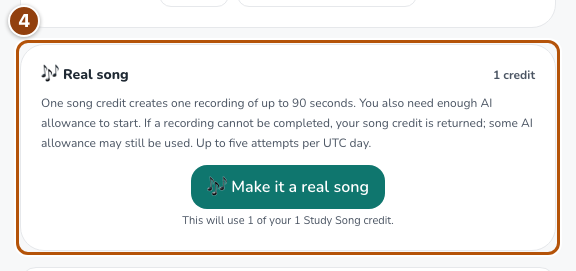 Generated song audio panel showing its controls and credit information.