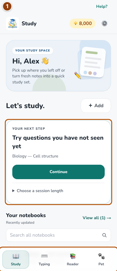 Study welcome card, next study action and the unchanged Study, Typing, Reader and Pet tabs.