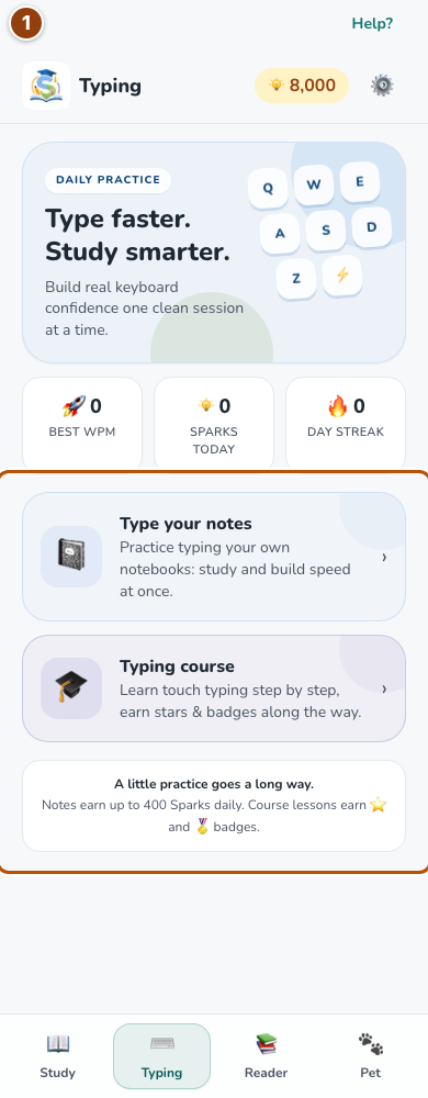 Typing page with the course and notes practice choices.