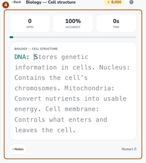 Active typing exercise with target text, typing area and keyboard guidance.